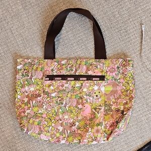 LeSportsac Tote Bag Pink Green Animal Print Reversible